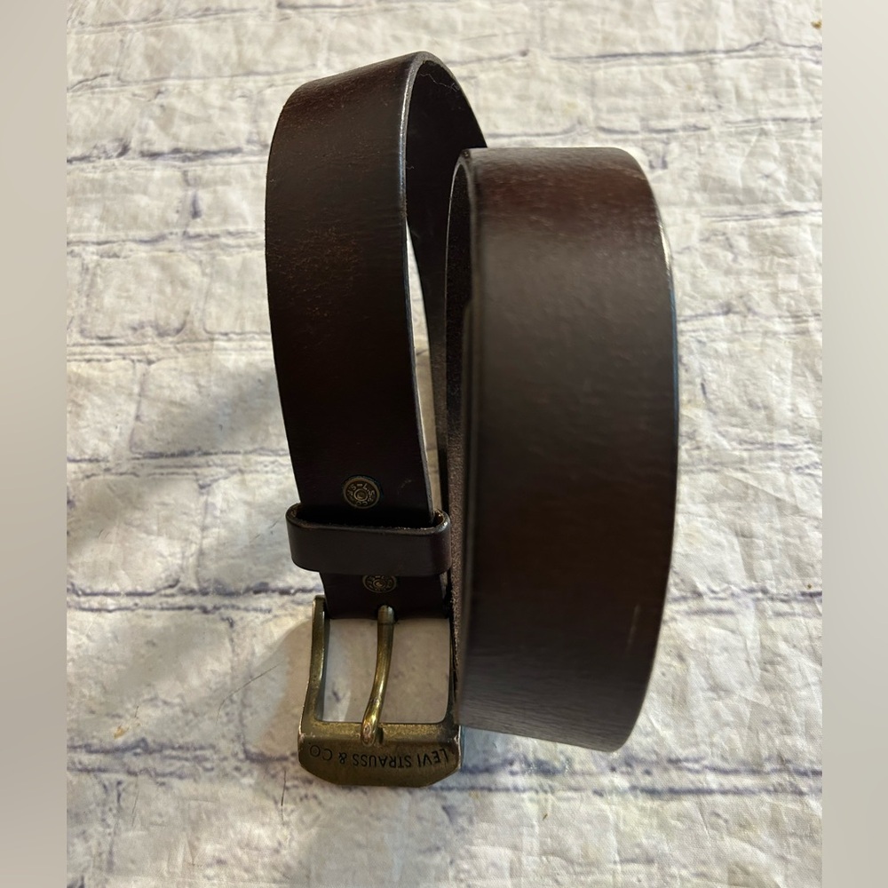 LEVI STRAUSS & CO. MENS CHUNKY RUGGED CHOCOLATE BROWN LEATHER BELT BRASS BUCKLE